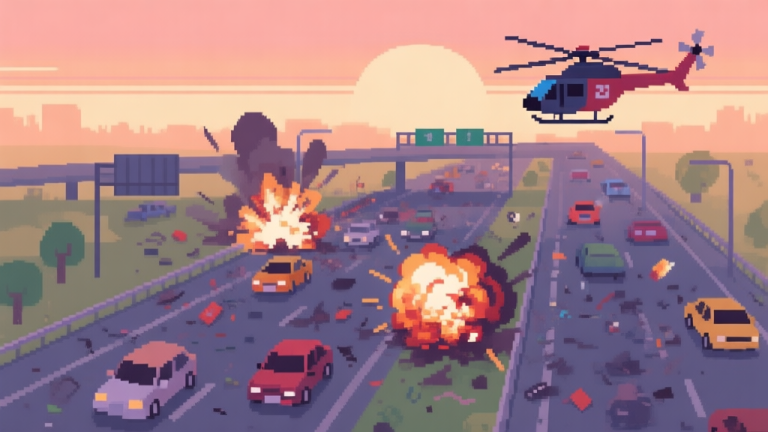 自动生成图片: A stylized top-down view of a chaotic highway scene with pixel-art cars, explosions, and a rescue helicopter in soft sunset colors, minimalist game illustration high quality illustration, detailed, 16:9