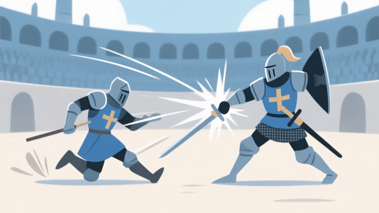 自动生成图片: A dynamic yet clean illustration of two stylized knights clashing in an arena, one executing a perfect dodge roll with motion lines, the other's attack missing. Soft color palette of blues and greys, focus on movement and positioning. high quality illustration, detailed, 16:9