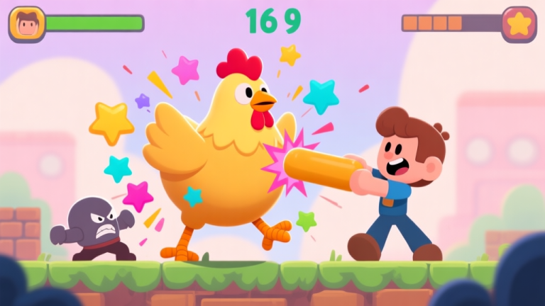 自动生成图片: A playful, cartoonish video game scene showing a character hitting an enemy with a giant rubber chicken, causing colorful stars and effects to burst out, soft pastel color palette high quality illustration, detailed, 16:9