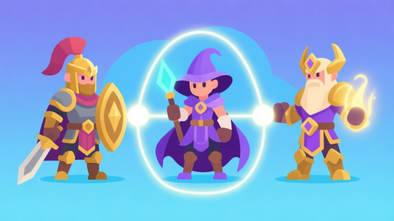 自动生成图片: A vibrant, clean infographic showing three distinct game characters (a warrior, a mage, and a support) with glowing connection lines between them, illustrating synergy. Soft blues, purples, and golds, flat design style. high quality illustration, detailed, 16:9