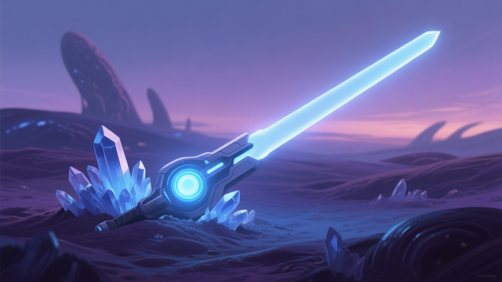 A sleek, futuristic laser sword glowing with a soft blue energy core, half-buried in crystalline alien soil at dusk, muted color palette with deep purples and blues high quality illustration, detailed, 16:9