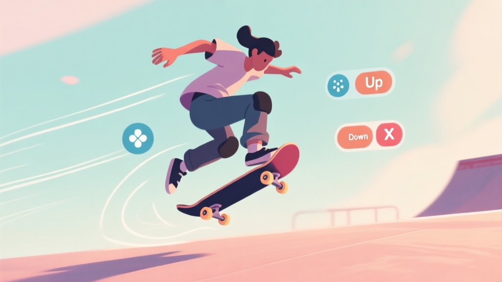 A stylized, side-view illustration of a skateboarder in a video game mid-Ollie, with clear motion lines and controller button prompts (Up, Down, X) floating in the background, soft pastel color scheme high quality illustration, detailed, 16:9