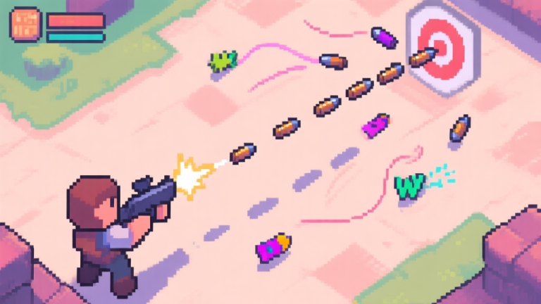 自动生成图片: A top-down view of a pixel-art game scene showing a character shooting a weapon, with most bullets traveling in a straight line towards a target, while a few colorful 'wild' bullets veer off in random, curved trajectories, soft pastel color palette high quality illustration, detailed, 16:9