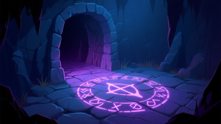 自动生成图片: A dimly lit, ominous video game pit entrance with glowing runes on the stone floor, soft purple and dark blue color palette, atmospheric and mysterious high quality illustration, detailed, 16:9