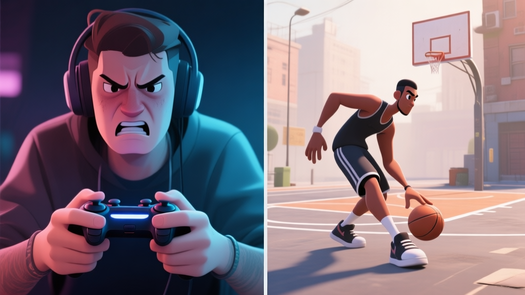 A split-screen image showing a frustrated gamer on the left with a gamepad, and on the right, a smooth, stylized in-game character performing a slick street dribble move on an urban court, soft lighting, muted colors high quality illustration, detailed, 16:9
