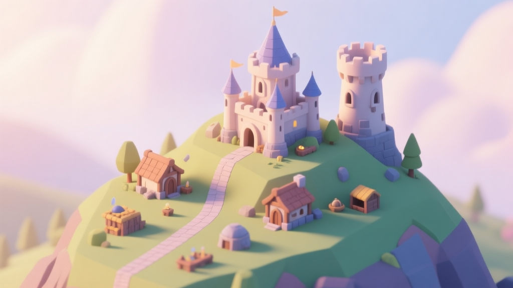 A cozy, isometric view of a small but well-organized fantasy castle on a hill, with a clear path, a few resource buildings, and a single defensive tower, soft morning light, pastel color palette, digital illustration high quality illustration, detailed, 16:9