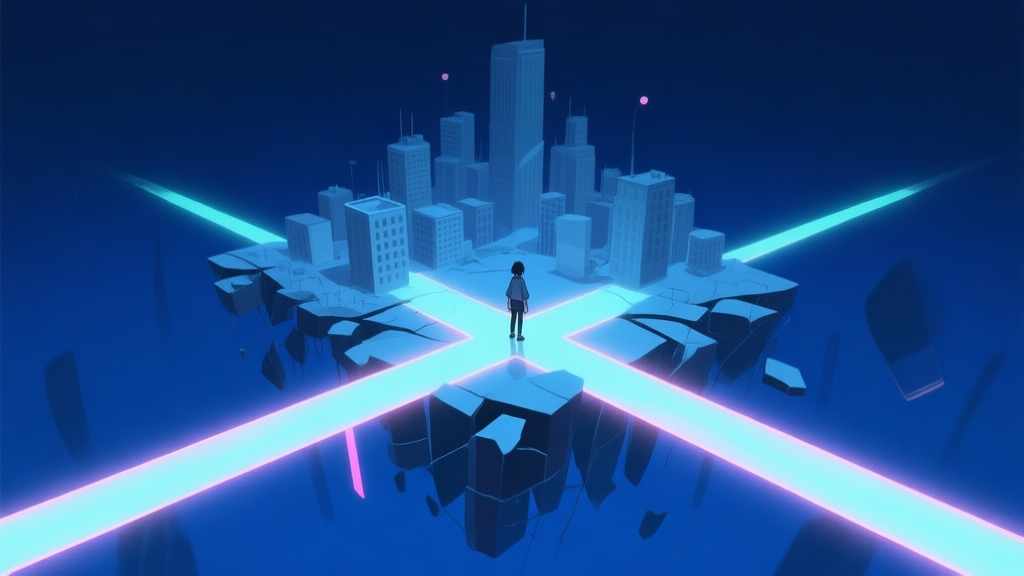 A surreal, minimalist game scene showing a fragmented cityscape floating in a dark blue void, with a single character standing at a crossroads of glowing paths, soft neon accents, dreamlike atmosphere high quality illustration, detailed, 16:9