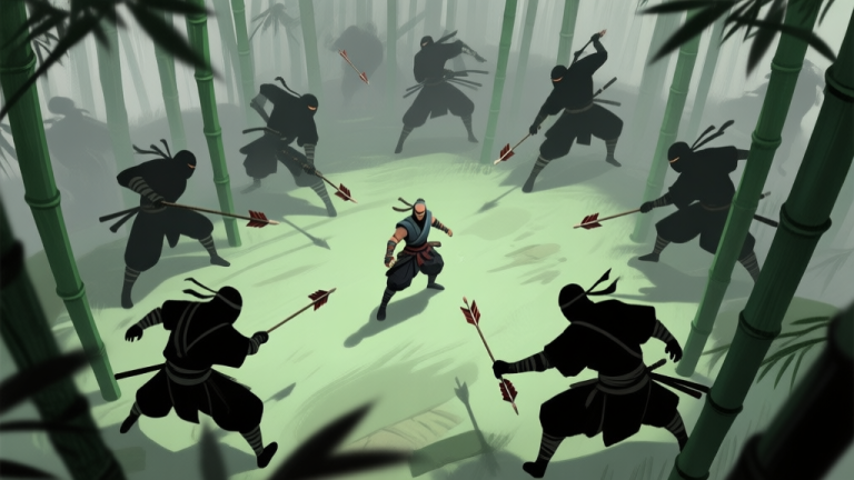 自动生成图片: Dynamic game scene top-down view, a single player character surrounded by multiple shadowy ninja figures in a bamboo forest, arrows indicating attack directions from all sides, muted green and grey color palette, sense of tension and overwhelm high quality illustration, detailed, 16:9