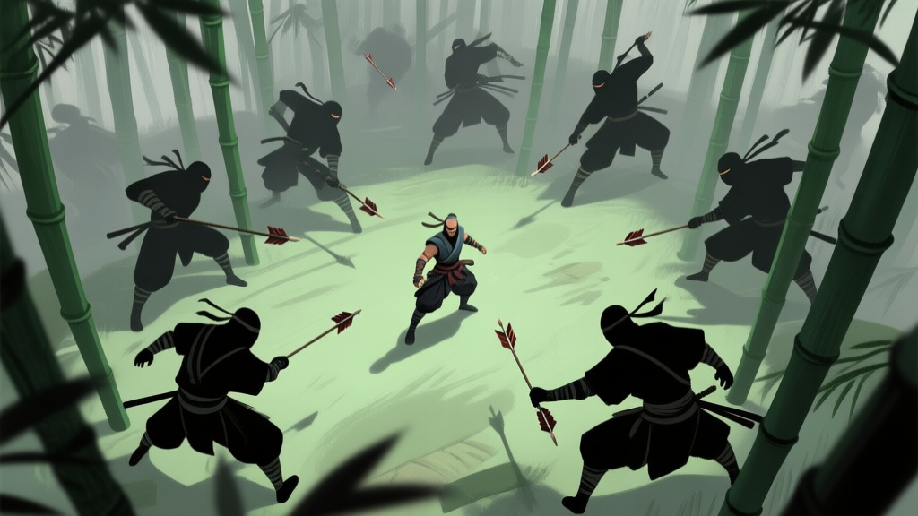 Dynamic game scene top-down view, a single player character surrounded by multiple shadowy ninja figures in a bamboo forest, arrows indicating attack directions from all sides, muted green and grey color palette, sense of tension and overwhelm high quality illustration, detailed, 16:9