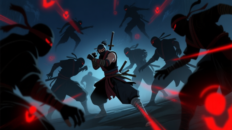 自动生成图片: Game screenshot style, a player character surrounded by multiple shadowy ninja figures in a tense night scene, red enemy indicators filling the screen, dynamic action angle -v 6.0 high quality illustration, detailed, 16:9