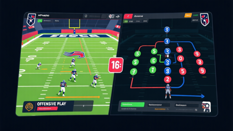 自动生成图片: Split-screen game art showing offensive play call screen on left and defensive formation on right in American football video game, clean UI, dynamic play art lines, dark mode interface high quality illustration, detailed, 16:9
