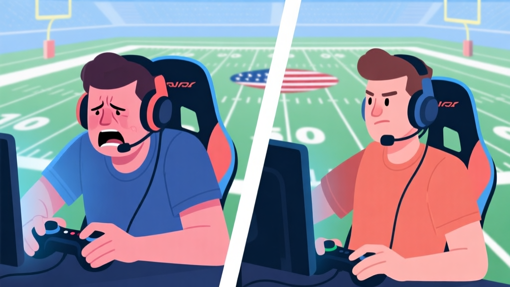 A split-screen illustration showing a frustrated gamer on one side and a confident, strategic gamer on the other, with a virtual American football field in the background, using a soft color palette of muted blues and greens high quality illustration, detailed, 16:9