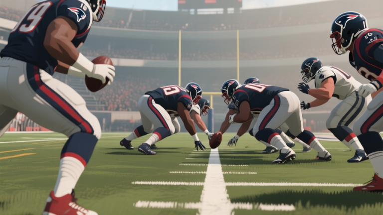 自动生成图片: American football video game screenshot, player perspective on 4th down at the 1-yard line, defensive and offensive lines clashing, tension-filled moment, muted colors with focus on the end zone high quality illustration, detailed, 16:9