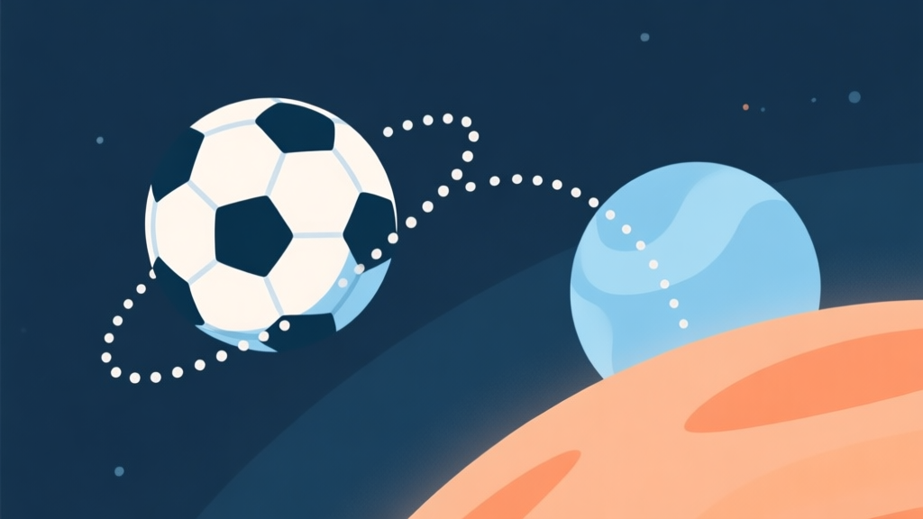 A stylized, minimalist illustration of a soccer ball curving through a zero-gravity space, with dotted lines showing its trajectory bending around a planet-like object, soft blue and orange color palette, flat design high quality illustration, detailed, 16:9