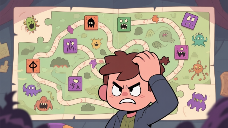 自动生成图片: A frustrated game character scratching head in front of a complex puzzle map with cursed tiles and unusual monster paths, cartoon style, soft muted colors high quality illustration, detailed, 16:9