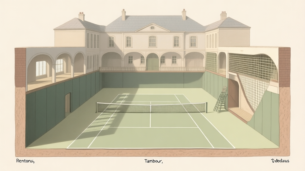 A detailed cross-section illustration of a Real Tennis court, showing the penthouse, tambour, grille, and dedans, with soft lighting and a muted historical color palette high quality illustration, detailed, 16:9