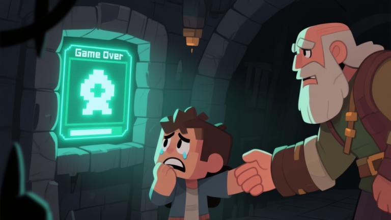 自动生成图片: A frustrated new player character in a dark dungeon looking at a glowing game over screen, with a friendly veteran player character offering a hand, soft lighting, muted colors high quality illustration, detailed, 16:9