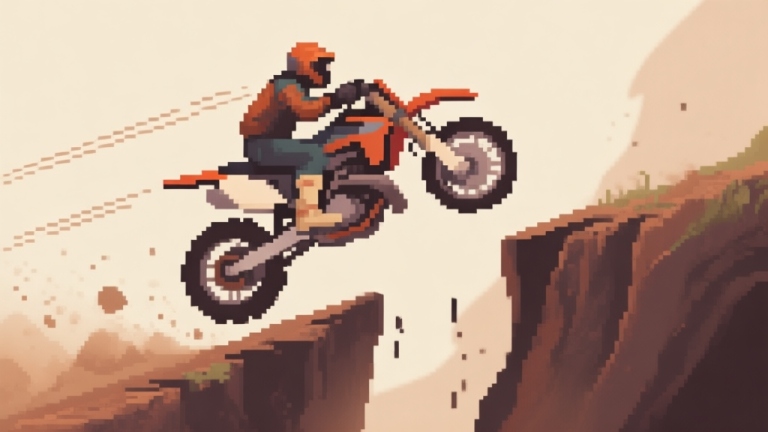 自动生成图片: A side-scrolling pixel art motorcycle in mid-air over a treacherous gap, with subtle trajectory lines and dust particles, soft earthy color palette high quality illustration, detailed, 16:9