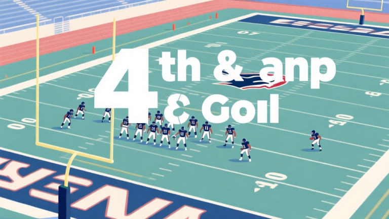 自动生成图片: A top-down tactical view of an American football field at the goal line, showing offensive and defensive player icons in formation, with a large "4th & Goal" text overlay, in a muted sports-illustration style with soft blues and greens high quality illustration, detailed, 16:9