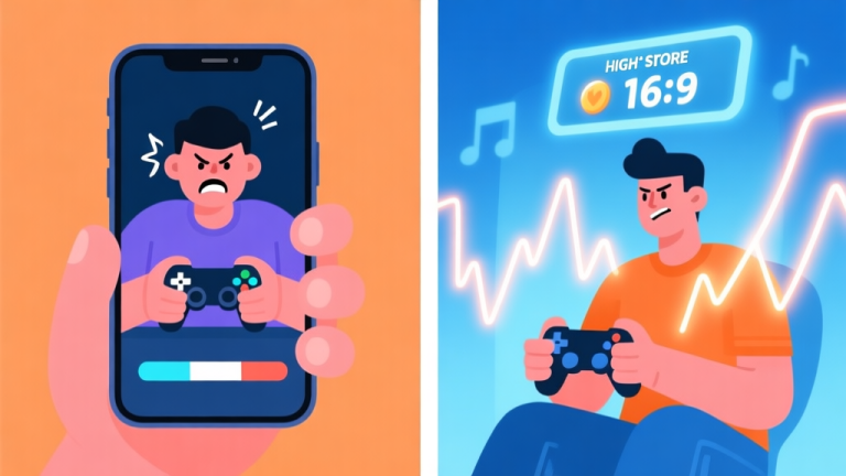 自动生成图片: Split-screen illustration showing a frustrated gamer on a smartphone on the left, and a confident gamer with a high score display and rhythmic tap patterns visualized as glowing lines on the right, soft blue and orange color scheme, flat design high quality illustration, detailed, 16:9