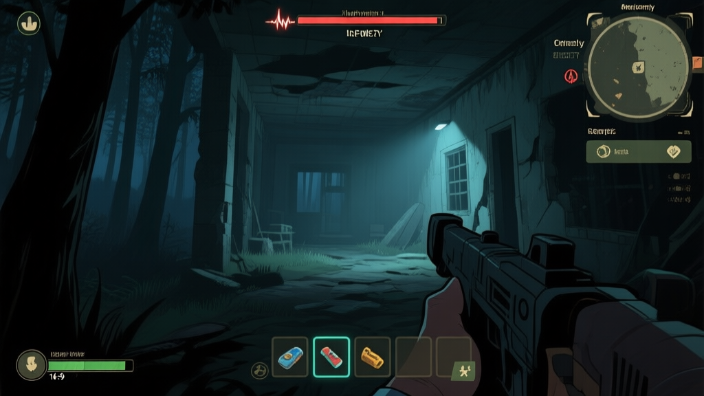 A tense survival game scene viewed from a first-person perspective, showing a nearly empty inventory UI with only a few items, a low health bar, and a dimly lit, dangerous environment like a forest at night or a crumbling building interior, muted colors, atmospheric lighting high quality illustration, detailed, 16:9