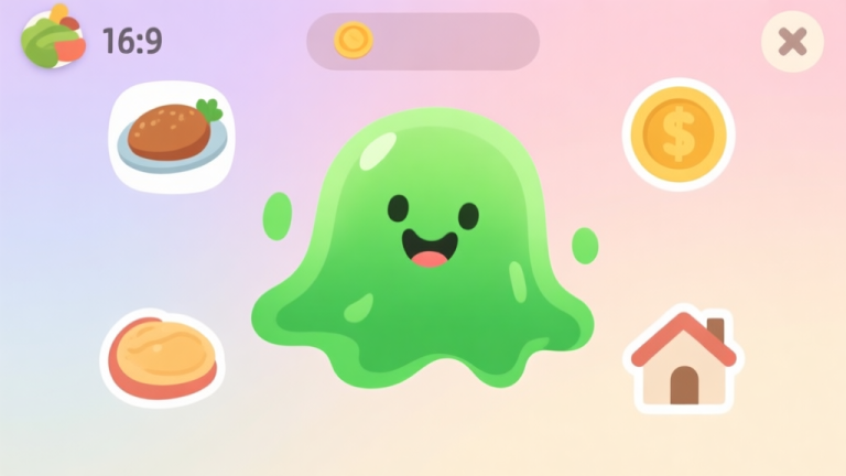 自动生成图片: A cozy, minimalist game interface showing a vibrant green slime with a happy expression, surrounded by simple icons for food, coins, and a home. Soft pastel background with gentle gradients high quality illustration, detailed, 16:9