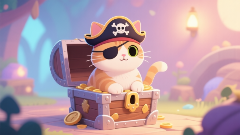 自动生成图片: A cozy, stylized illustration of a cat with a tiny pirate hat and eye-patch, sitting on a treasure chest in a softly lit, whimsical game environment, pastel color palette high quality illustration, detailed, 16:9