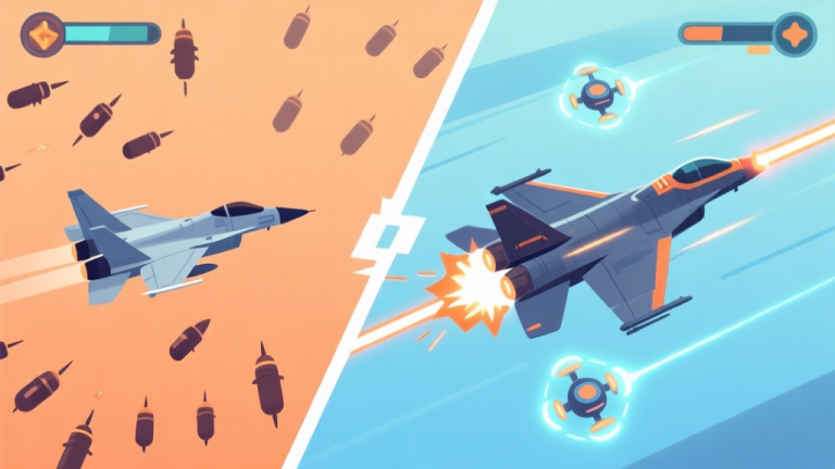 自动生成图片: A dynamic split-screen comparison of two fighter jets in a side-scrolling shooter game. Left side: a basic jet with scattered, weak bullet patterns. Right side: an upgraded jet with focused, high-damage lasers and defensive drones, glowing with power. Soft blue and orange color scheme, clean lines. high quality illustration, detailed, 16:9