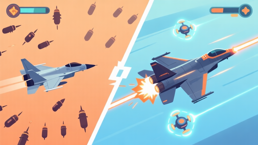 A dynamic split-screen comparison of two fighter jets in a side-scrolling shooter game. Left side: a basic jet with scattered, weak bullet patterns. Right side: an upgraded jet with focused, high-damage lasers and defensive drones, glowing with power. Soft blue and orange color scheme, clean lines. high quality illustration, detailed, 16:9