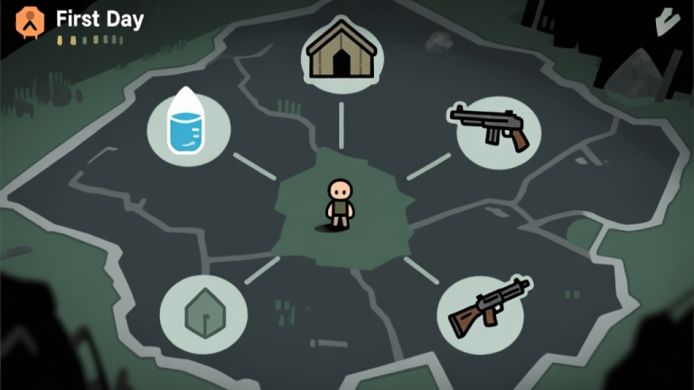自动生成图片: A top-down minimalist view of a survival game's first day: a small character icon in the center of a dark map, with icons for water, shelter, and a weapon radiating outwards, all in a muted, anxious color palette of greys and dark greens high quality illustration, detailed, 16:9
