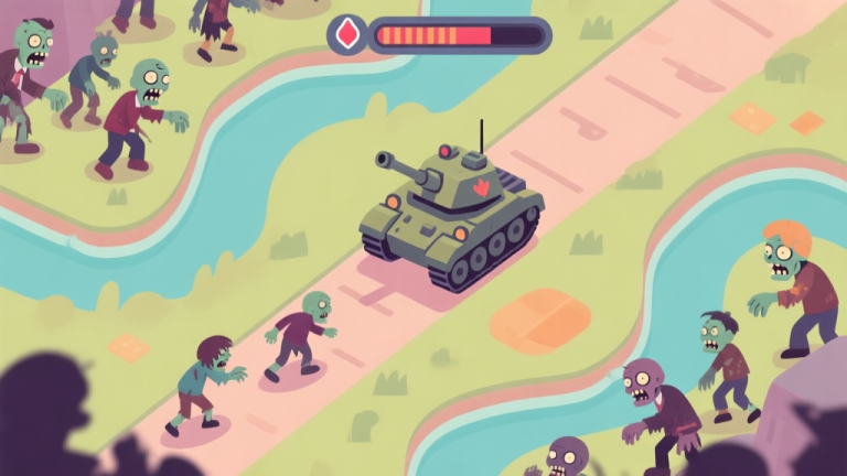 自动生成图片: A top-down view of a vibrant game map showing a winding path, a central tank unit with a health bar, and approaching zombie hordes in soft, muted colors, flat design style high quality illustration, detailed, 16:9