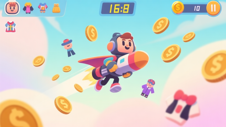 自动生成图片: A stylized, playful illustration of the Jetpack Joyride character in mid-air, surrounded by floating coins, various costume icons, and a high-score counter in the background, using a soft pastel color palette with gentle gradients high quality illustration, detailed, 16:9