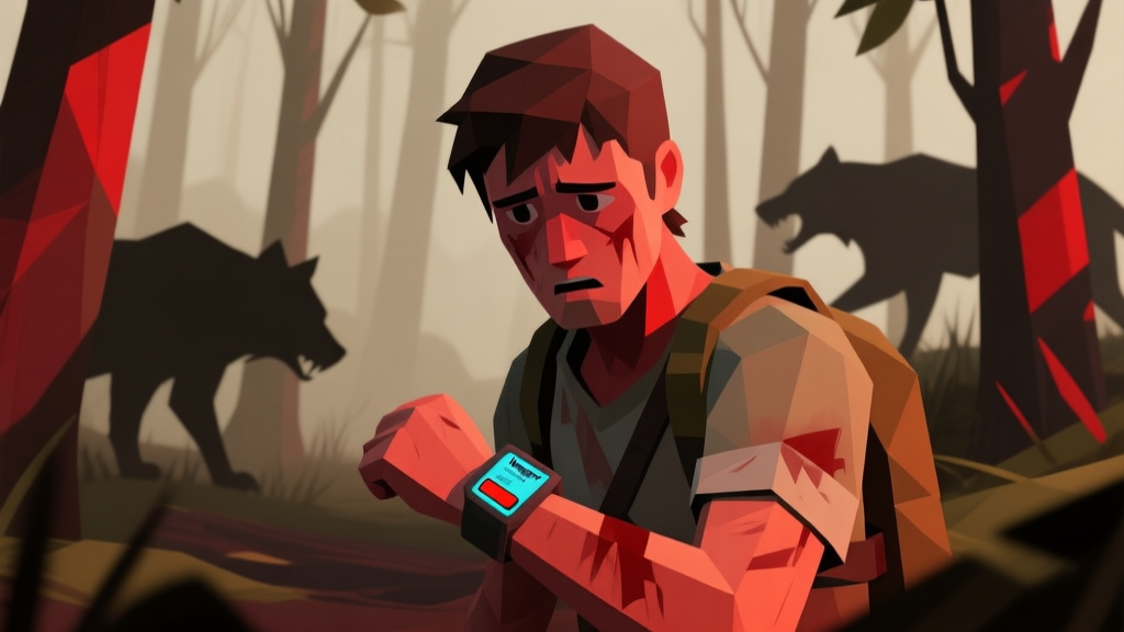 A desperate survivor in a stylized low-poly forest, looking at a rapidly depleting hunger bar on a wrist device, with shadows of wild animals in the background, muted earth tones and urgent red highlights high quality illustration, detailed, 16:9