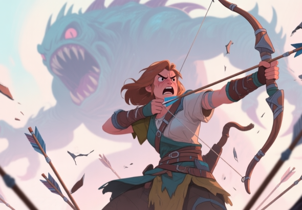 自动生成图片: A frustrated fantasy archer character in mismatched gear, surrounded by broken arrows, with a large monster looming in the background, soft pastel color palette, illustrative style high quality illustration, detailed, 16:9