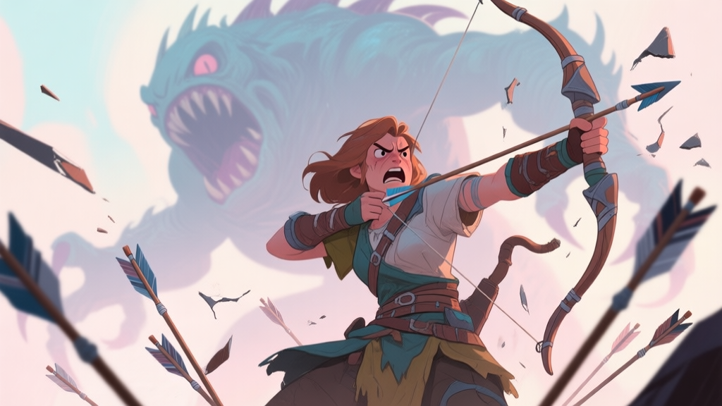 A frustrated fantasy archer character in mismatched gear, surrounded by broken arrows, with a large monster looming in the background, soft pastel color palette, illustrative style high quality illustration, detailed, 16:9