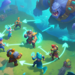 自动生成图片: A dynamic, top-down view of a vibrant fantasy game battlefield, showing a diverse team of aquatic-themed heroes (a healer, a tank, a damage dealer) working in perfect synergy against a large boss. Arrows and subtle glowing lines connect them, illustrating buffs and coordination. Soft blues, greens, and teal color palette. high quality illustration, detailed, 16:9