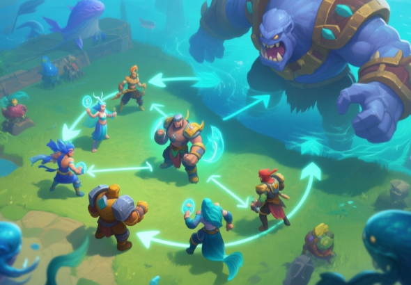 自动生成图片: A dynamic, top-down view of a vibrant fantasy game battlefield, showing a diverse team of aquatic-themed heroes (a healer, a tank, a damage dealer) working in perfect synergy against a large boss. Arrows and subtle glowing lines connect them, illustrating buffs and coordination. Soft blues, greens, and teal color palette. high quality illustration, detailed, 16:9