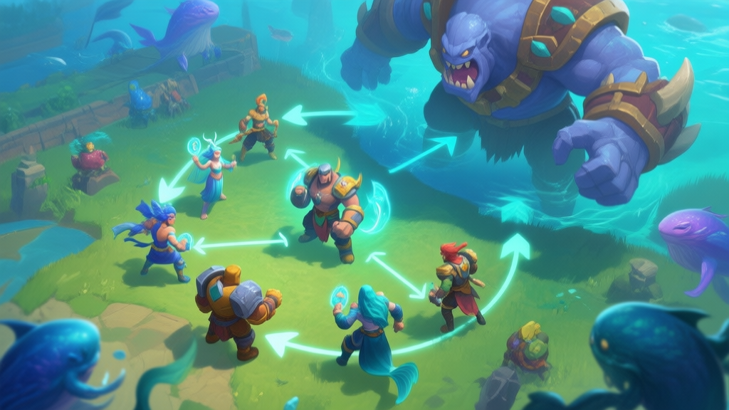 A dynamic, top-down view of a vibrant fantasy game battlefield, showing a diverse team of aquatic-themed heroes (a healer, a tank, a damage dealer) working in perfect synergy against a large boss. Arrows and subtle glowing lines connect them, illustrating buffs and coordination. Soft blues, greens, and teal color palette. high quality illustration, detailed, 16:9