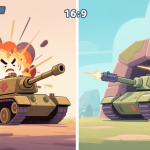 自动生成图片: A split-screen illustration showing a frustrated new player's tank exploding on one side, and a calm, experienced player's tank strategically positioned behind cover on the other, in a cartoon game art style with soft colors high quality illustration, detailed, 16:9