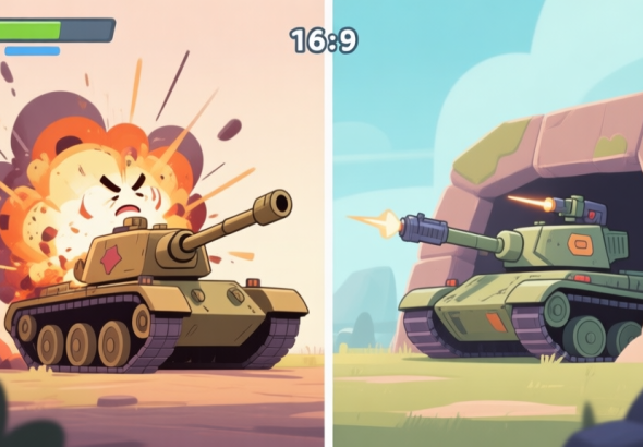 自动生成图片: A split-screen illustration showing a frustrated new player's tank exploding on one side, and a calm, experienced player's tank strategically positioned behind cover on the other, in a cartoon game art style with soft colors high quality illustration, detailed, 16:9