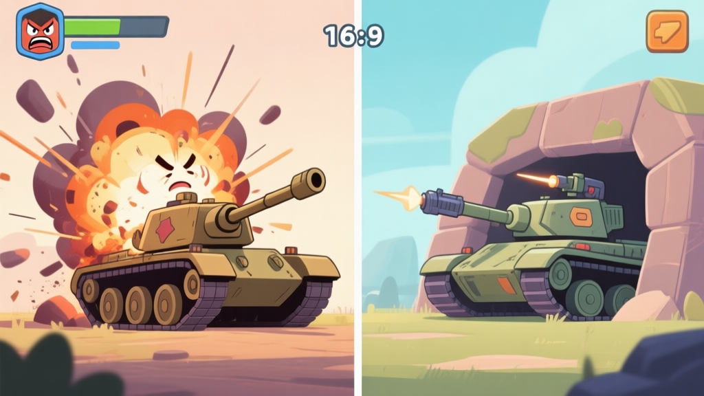 A split-screen illustration showing a frustrated new player's tank exploding on one side, and a calm, experienced player's tank strategically positioned behind cover on the other, in a cartoon game art style with soft colors high quality illustration, detailed, 16:9