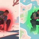 自动生成图片: Split-screen illustration showing a player character in a bad, exposed position on the left (red highlight), and the same character in a safe, tactical position on the right (green highlight), with abstract map elements in the background, soft color palette high quality illustration, detailed, 16:9
