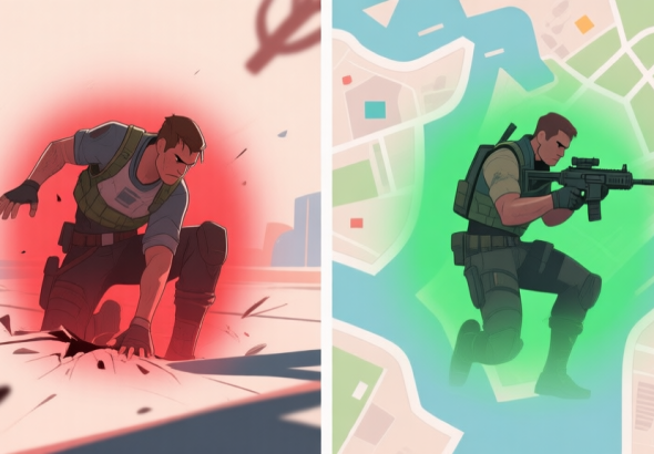 自动生成图片: Split-screen illustration showing a player character in a bad, exposed position on the left (red highlight), and the same character in a safe, tactical position on the right (green highlight), with abstract map elements in the background, soft color palette high quality illustration, detailed, 16:9