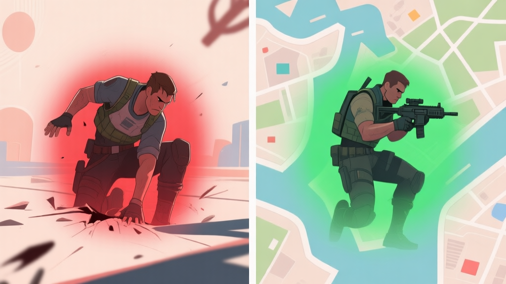 Split-screen illustration showing a player character in a bad, exposed position on the left (red highlight), and the same character in a safe, tactical position on the right (green highlight), with abstract map elements in the background, soft color palette high quality illustration, detailed, 16:9