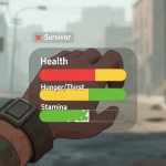 自动生成图片: A minimalist game HUD overlay on a survivor's wrist, showing three primary bars: red Health, yellow Hunger/Thirst, and green Stamina, with the Stamina bar partially depleted. The background is a blurred, desolate urban street. Soft color palette. high quality illustration, detailed, 16:9