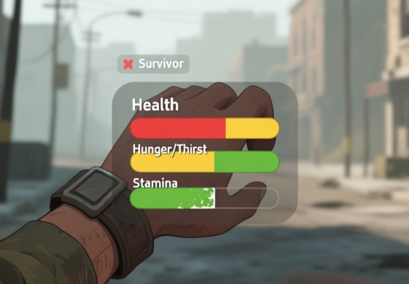 自动生成图片: A minimalist game HUD overlay on a survivor's wrist, showing three primary bars: red Health, yellow Hunger/Thirst, and green Stamina, with the Stamina bar partially depleted. The background is a blurred, desolate urban street. Soft color palette. high quality illustration, detailed, 16:9