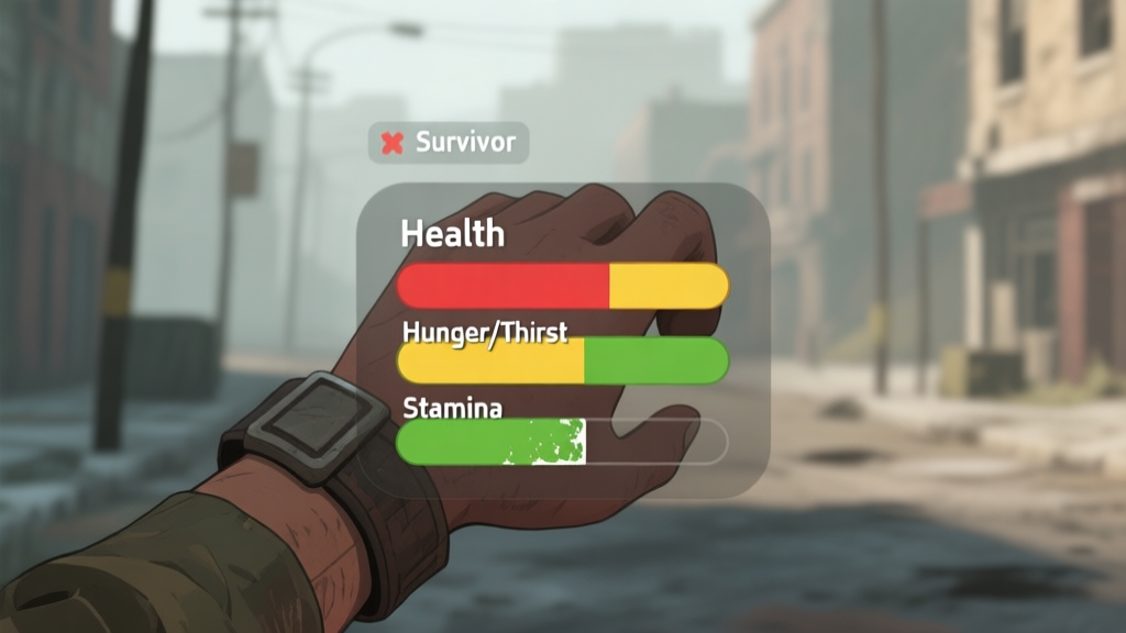 A minimalist game HUD overlay on a survivor's wrist, showing three primary bars: red Health, yellow Hunger/Thirst, and green Stamina, with the Stamina bar partially depleted. The background is a blurred, desolate urban street. Soft color palette. high quality illustration, detailed, 16:9