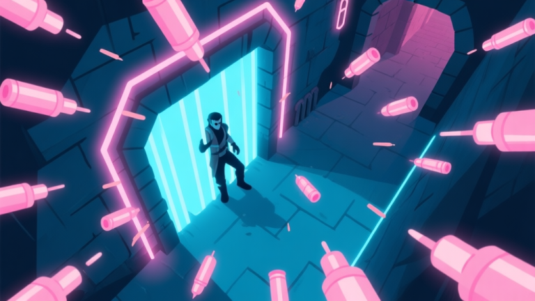 自动生成图片: A stylized, top-down view of a neon-lit dungeon corridor from a roguelike game, with a lone character taking cover behind a glowing barrier, bullets and projectiles filling the air in soft pinks and blues, minimalist design high quality illustration, detailed, 16:9