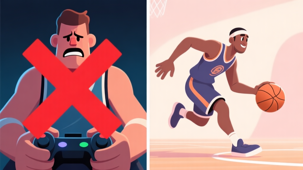 A split-screen illustration showing a frustrated basketball video game character on the left with a red "X" over a predictable move, and a confident character on the right executing a smooth, successful dribble move against a defender, in a soft color palette high quality illustration, detailed, 16:9