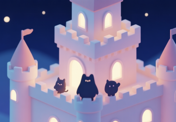 自动生成图片: A cute, minimalist isometric view of a cartoon castle under a gentle night sky, small friendly creature silhouettes on the battlements, soft glow from castle windows, pastel color palette high quality illustration, detailed, 16:9
